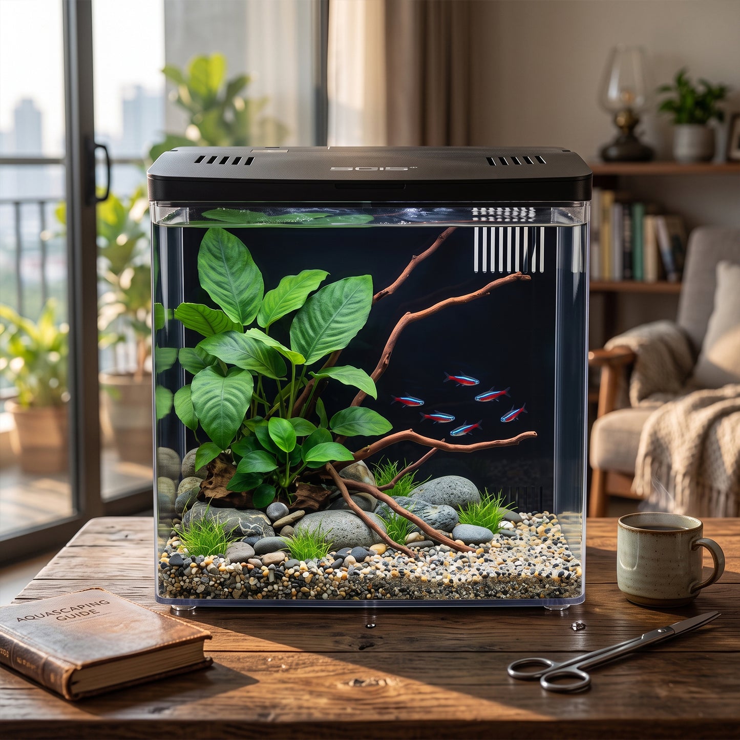 4.5L Fish Tank Starter Kit, Aquarium Kits with LED Light & Wall-Mounted Back Filter, Ideal for Betta Fish, Shrimp & Small Aquatic Creatures (Black, 20cmx14cmx20cm)