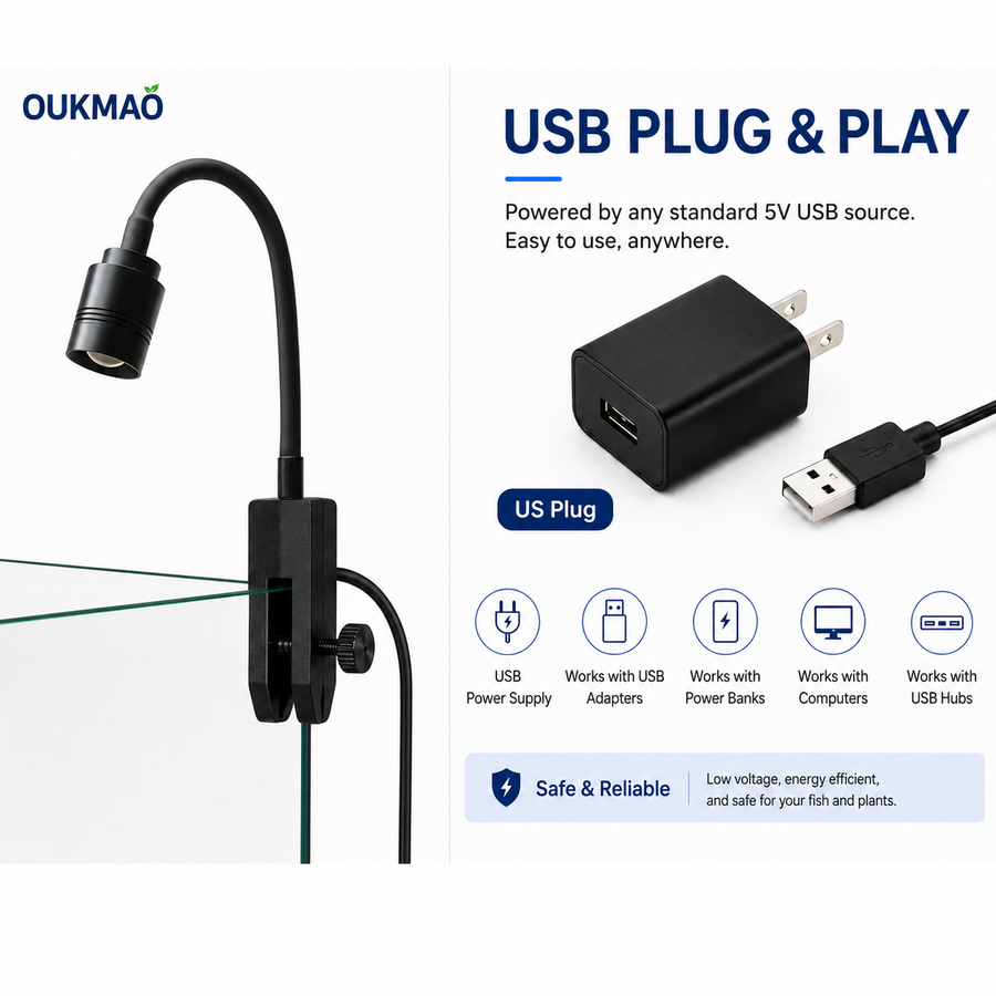 OUKMAO USB Clip-On Aquarium Spotlight with Flexible Gooseneck