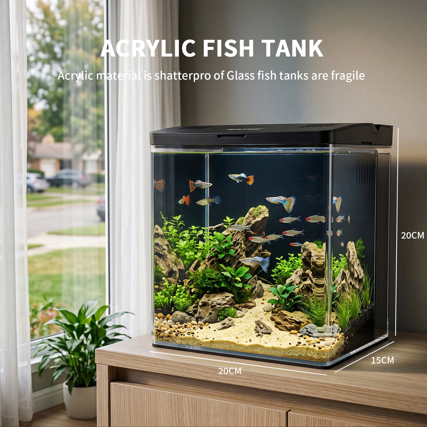 4.5L Fish Tank Starter Kit, Aquarium Kits with LED Light & Wall-Mounted Back Filter, Ideal for Betta Fish, Shrimp & Small Aquatic Creatures (Black, 20cmx14cmx20cm)