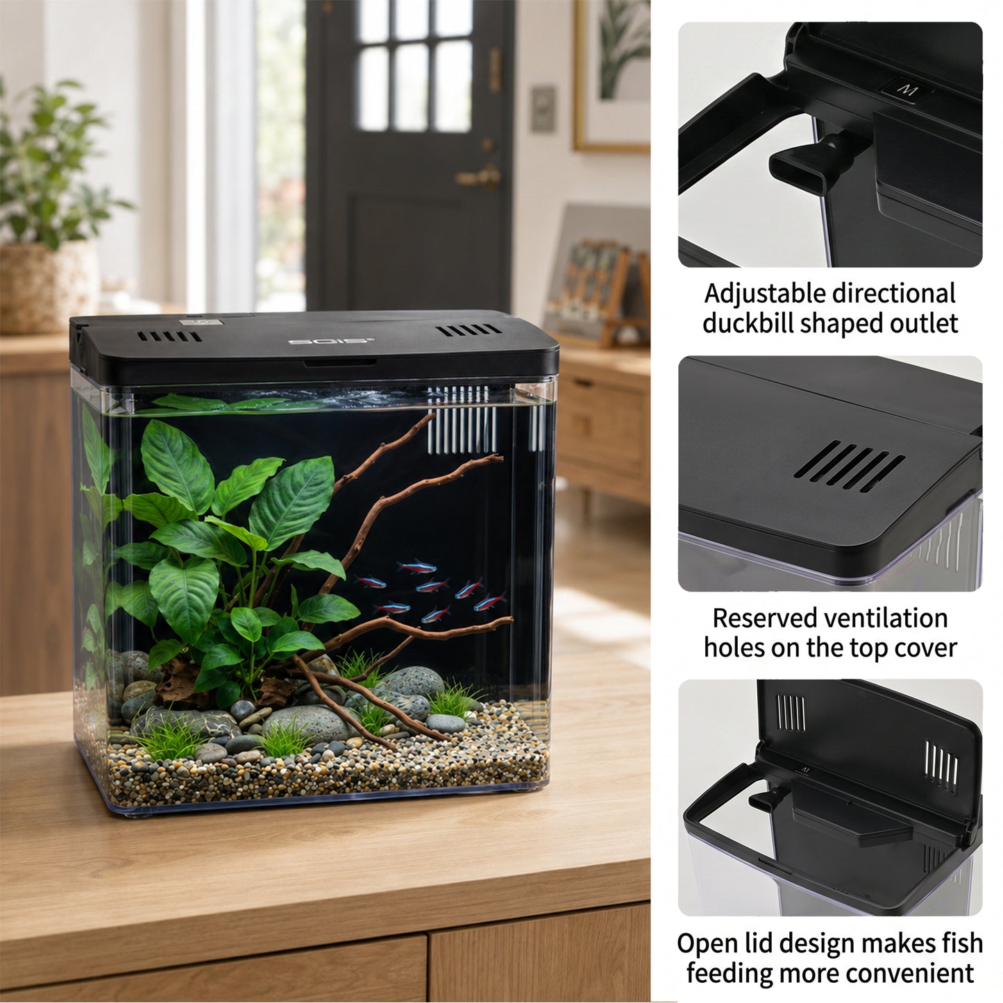 4.5L Fish Tank Starter Kit, Aquarium Kits with LED Light & Wall-Mounted Back Filter, Ideal for Betta Fish, Shrimp & Small Aquatic Creatures (Black, 20cmx14cmx20cm)