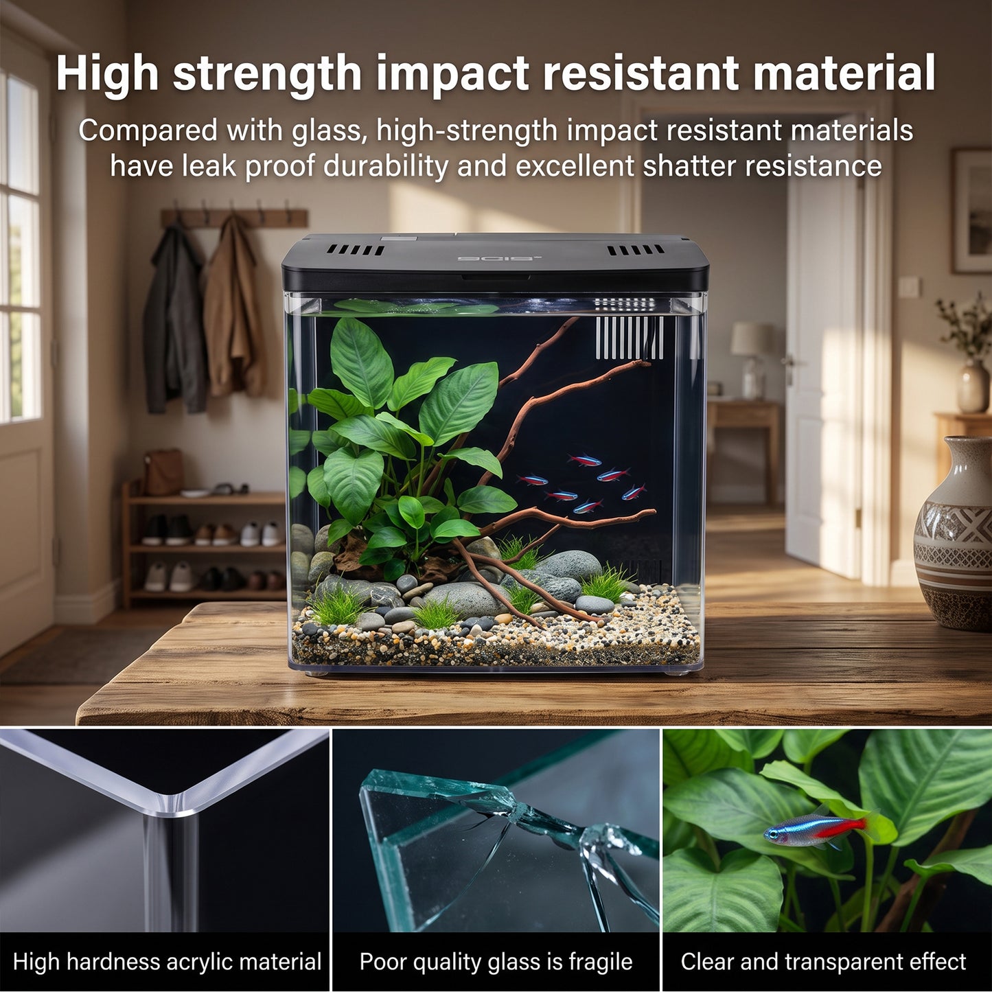 4.5L Fish Tank Starter Kit, Aquarium Kits with LED Light & Wall-Mounted Back Filter, Ideal for Betta Fish, Shrimp & Small Aquatic Creatures (Black, 20cmx14cmx20cm)