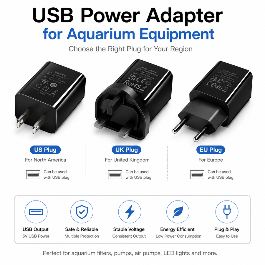 OUKMAO USB Power Adapter for Aquarium Equipment | US / UK / EU Plug | 5V USB Power Supply